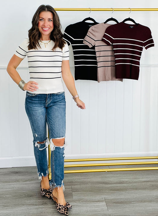 Short Sleeve Striped Sweater Top (Reg)-4 Colors