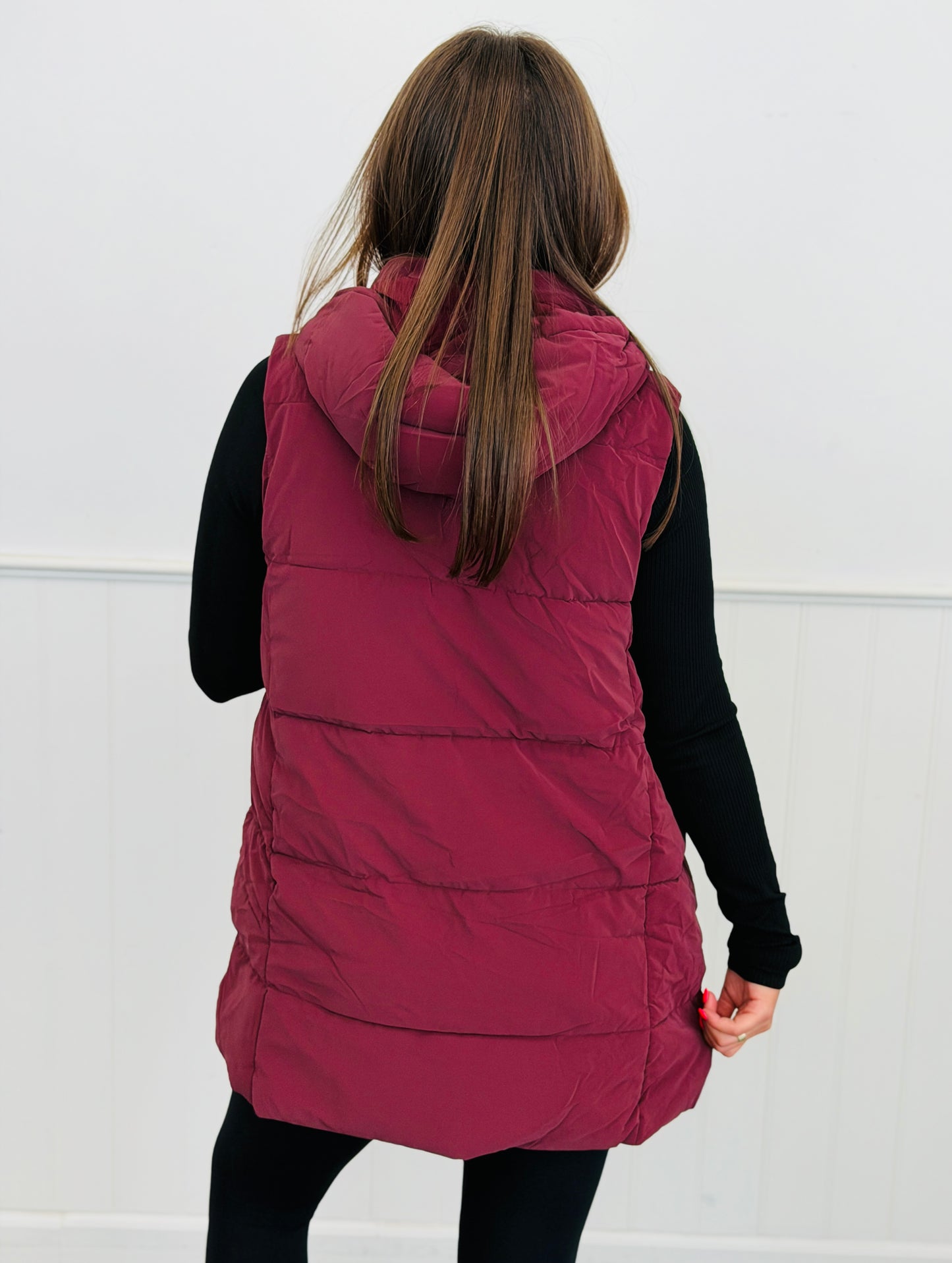 Wine Long Hooded Puffer Vest (Reg.)