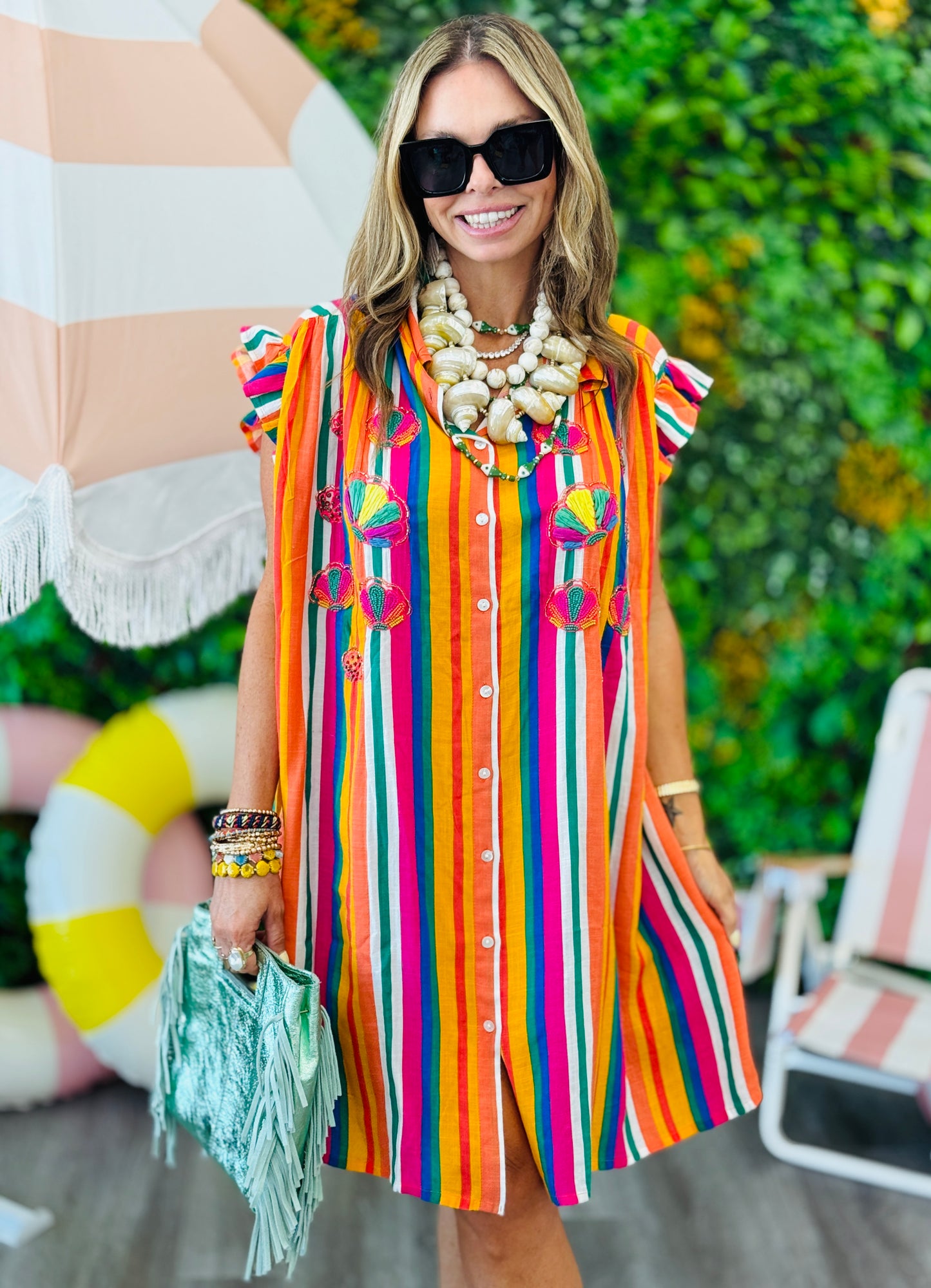 Striped Seashell Ruffle Sleeves Mini Dress (One Size)