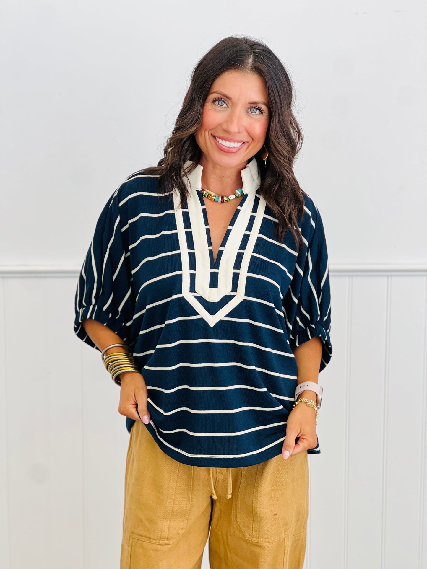 Striped Contrast Split V-Neck Blouse (Reg & Plus)-2 Colors