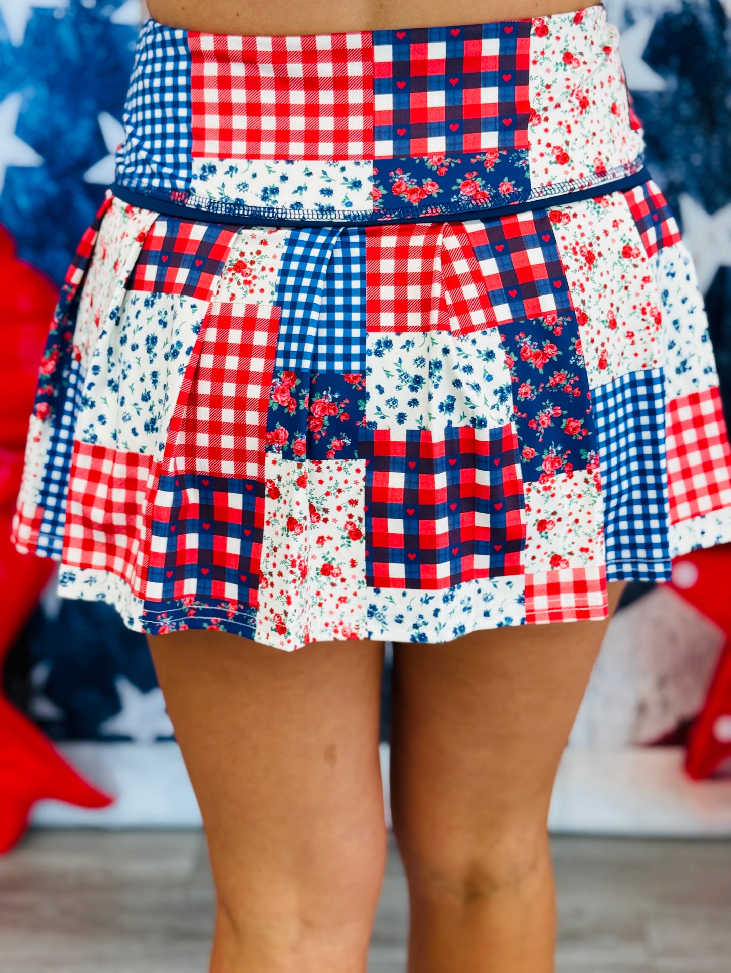 Cobalt/Red Gingham Floral Patchwork Skort (Reg.)