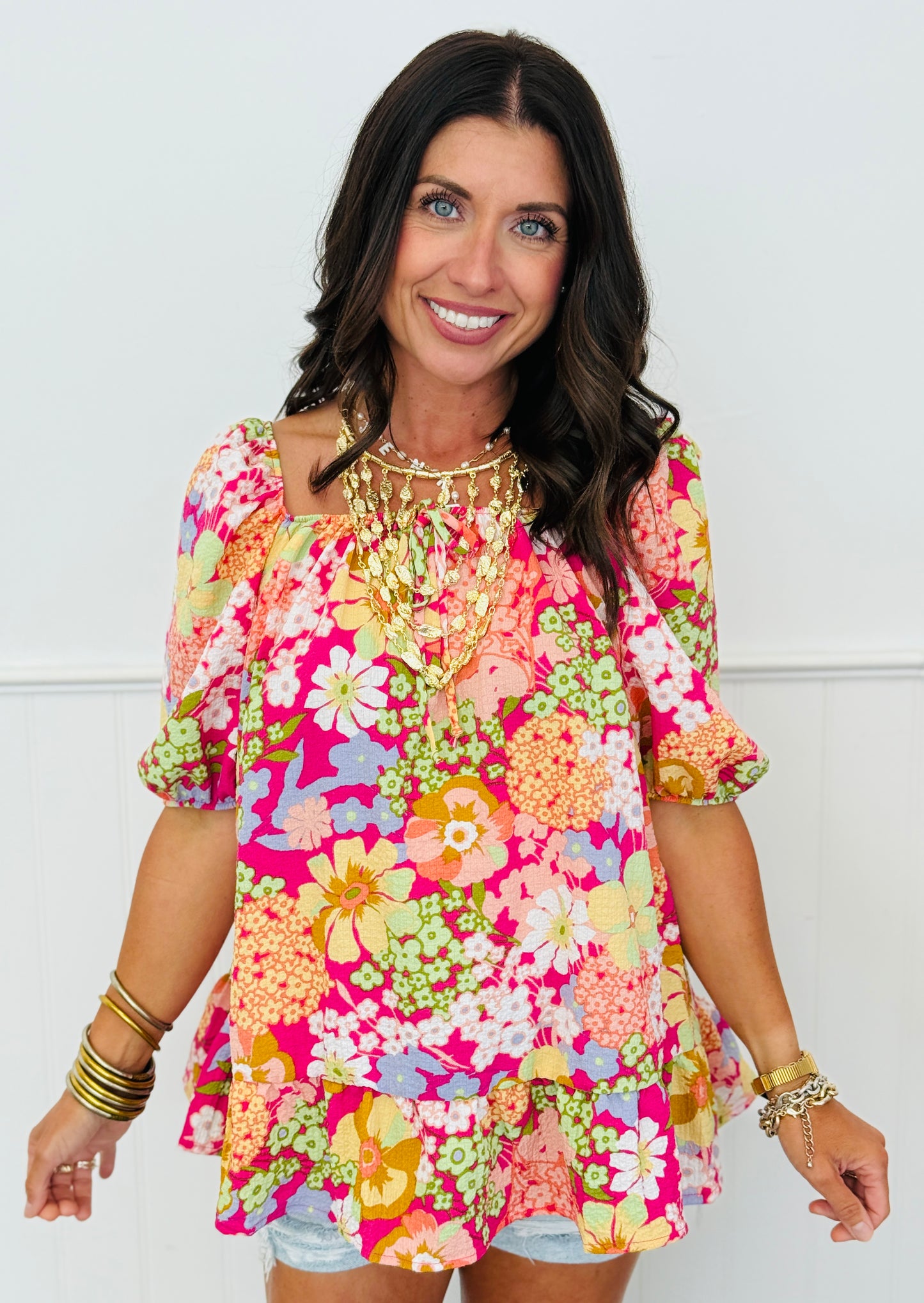Fuchsia Multi Floral Blouse (Reg. and Plus)