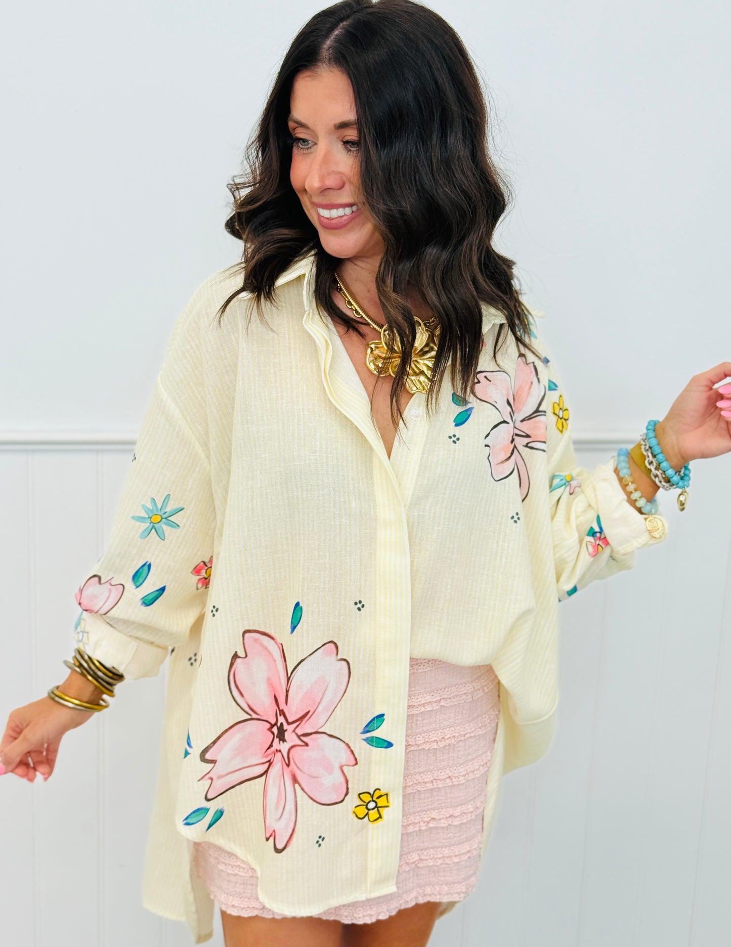 Yellow Stripe Floral Detailed Button Up Blouse (OS)