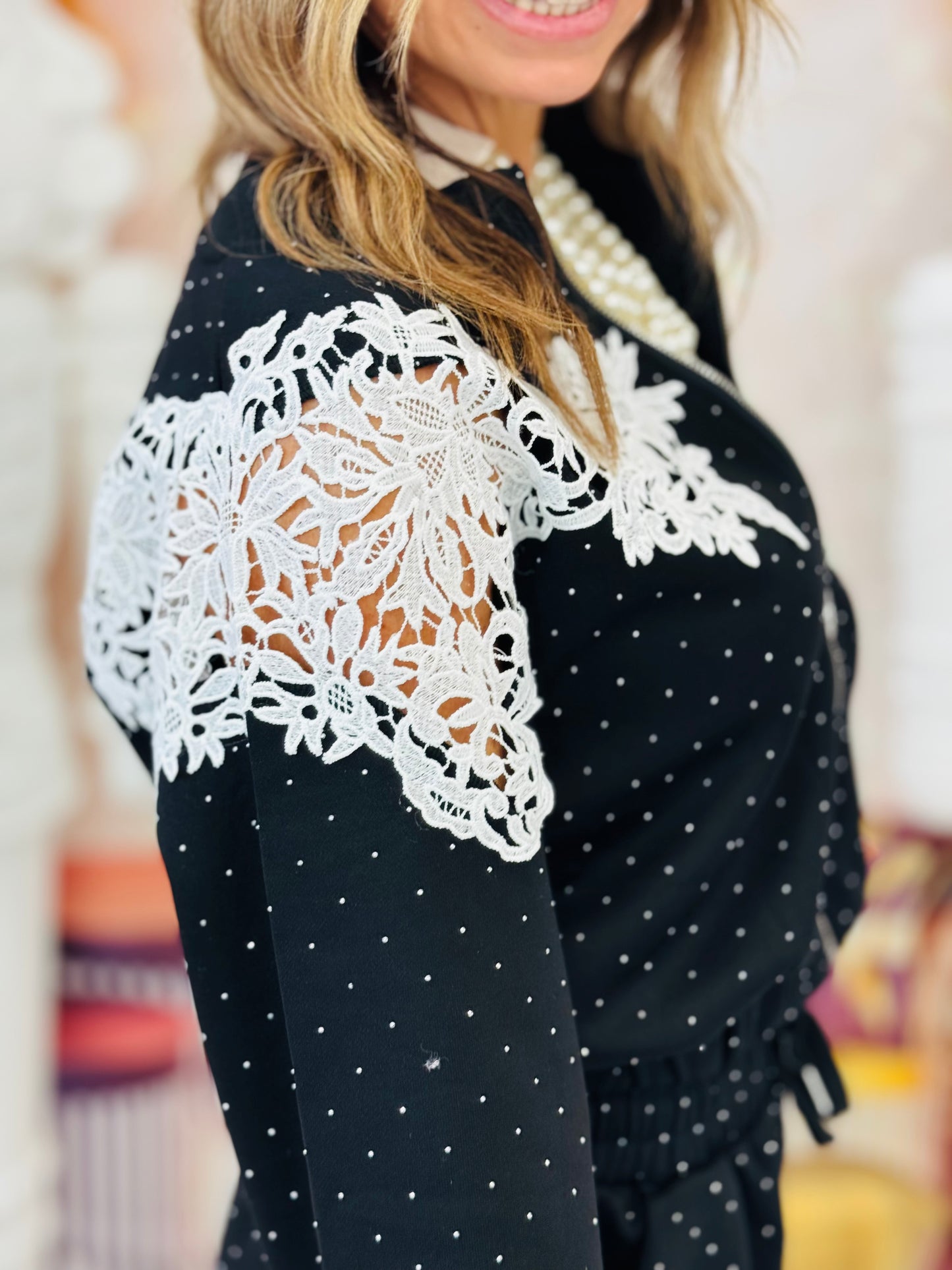 Rhinestone Floral Eyelet Detail Zip Up Jacket & Pants Set (Reg.)