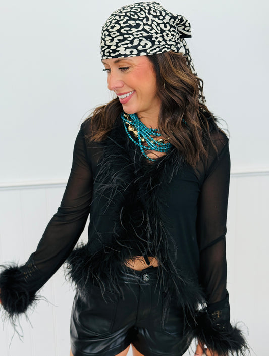 Black Feather Clad Mesh Cardi Top (Reg.)