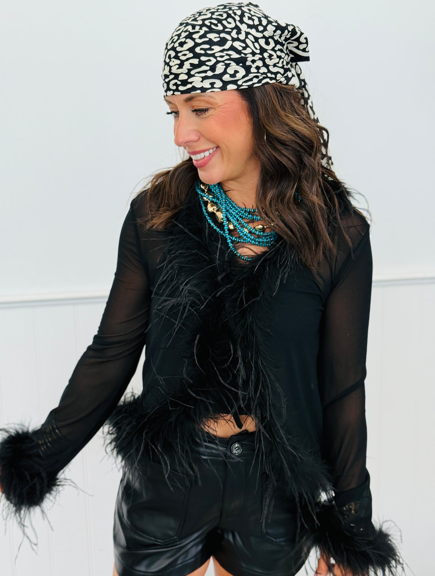 Black Feather Clad Mesh Cardi Top (Reg.)