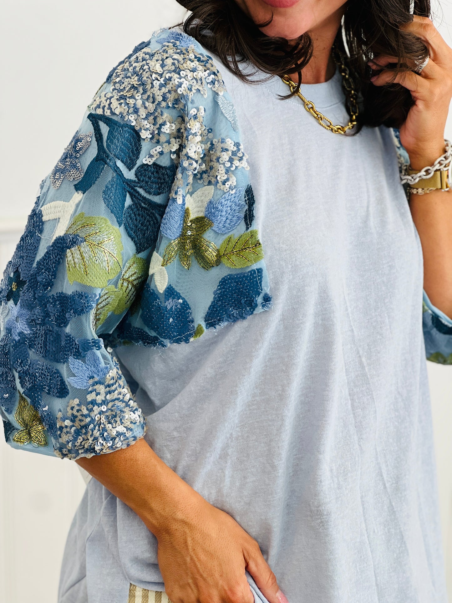 Lt Blue Sequined Floral Mesh Sleeve Top (Reg & Plus)