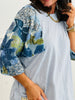 Lt Blue Sequined Floral Mesh Sleeve Top (Reg & Plus)