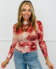 Floral Mesh Side Ruched LS Blouse (Reg. and Plus)