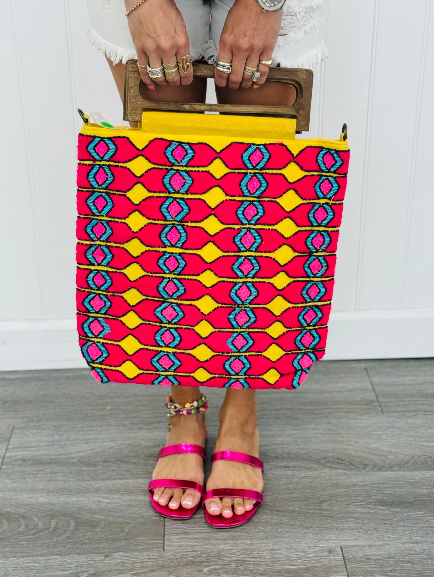 Wooden Handle Fuchsia Handbag
