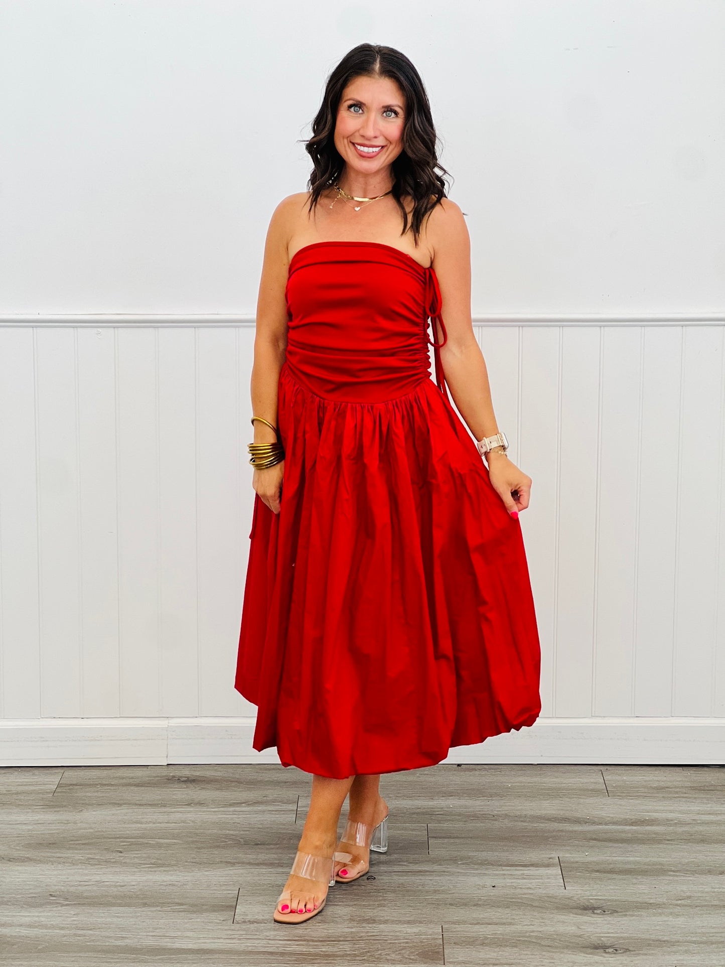Red Ruched Side Tie Strapless Midi Dress (Reg)