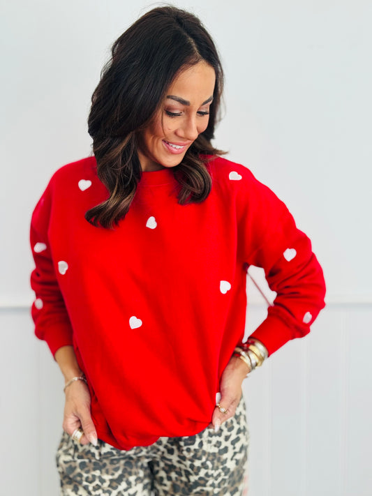Red Embroidered Hearts Fleece Sweatshirt (Reg.)