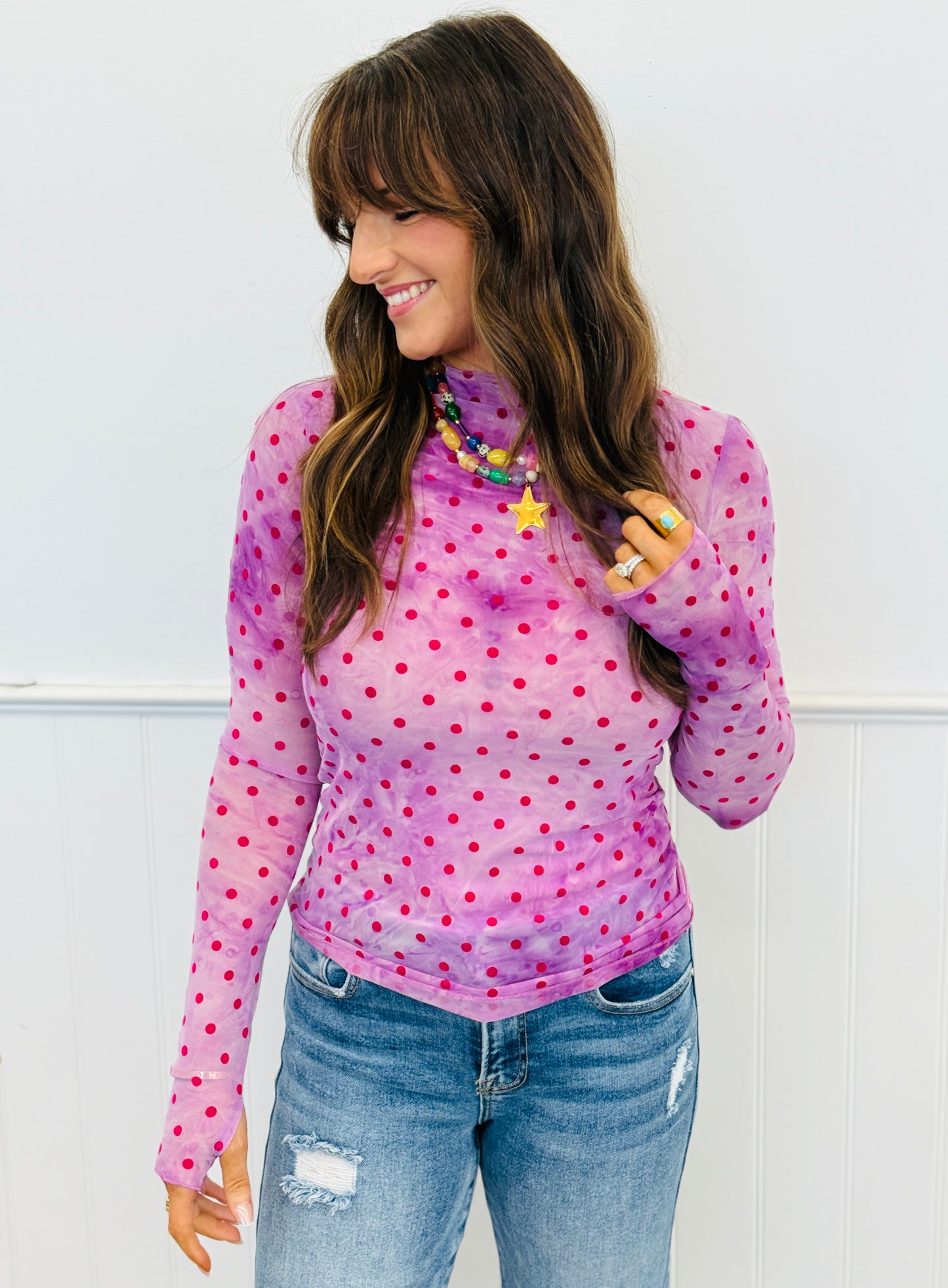 Pink Polka Dot Mesh Top (Reg & Plus)
