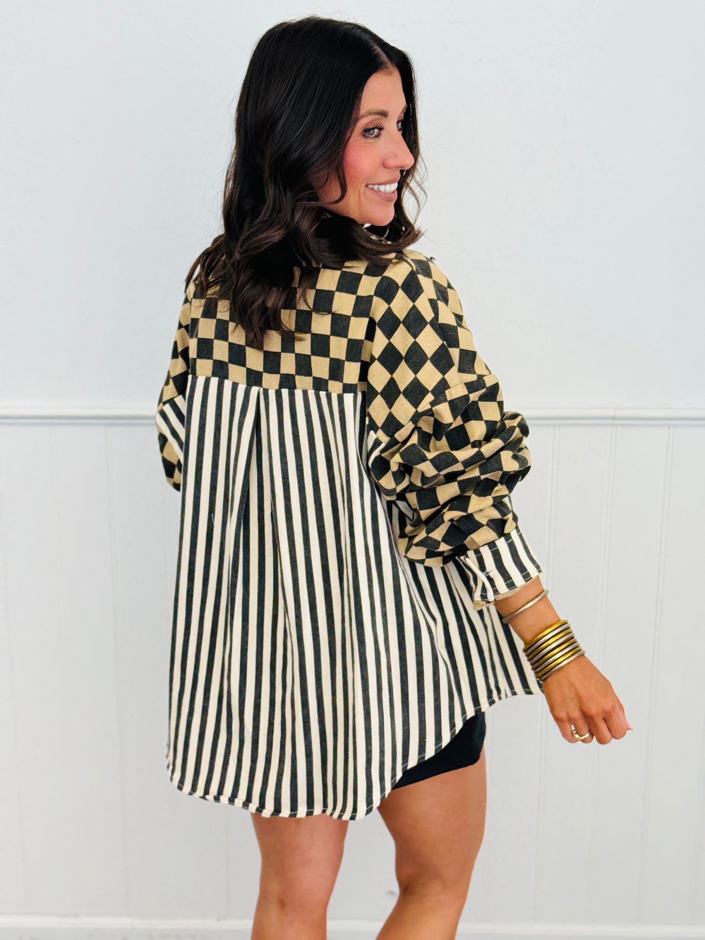 Mix & Match Checkered Stripe Shacket (Reg. and Plus)