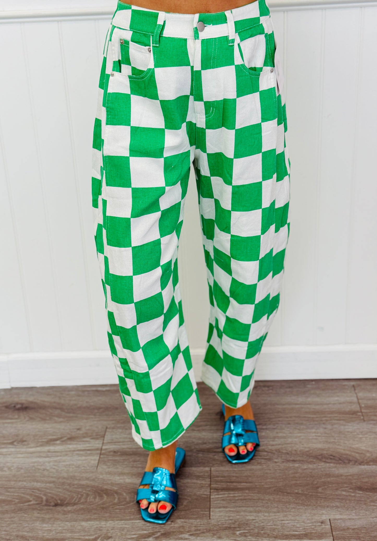Kelly Green Checkered Print Barrel Pants (Reg. and Plus)