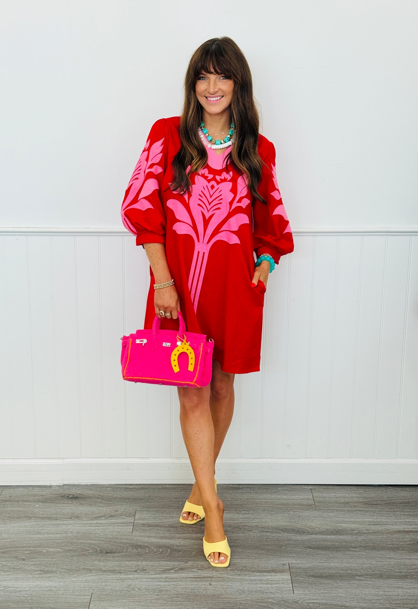 Red Baroque Applique Puff Sleeve Mini Dress (Reg.)