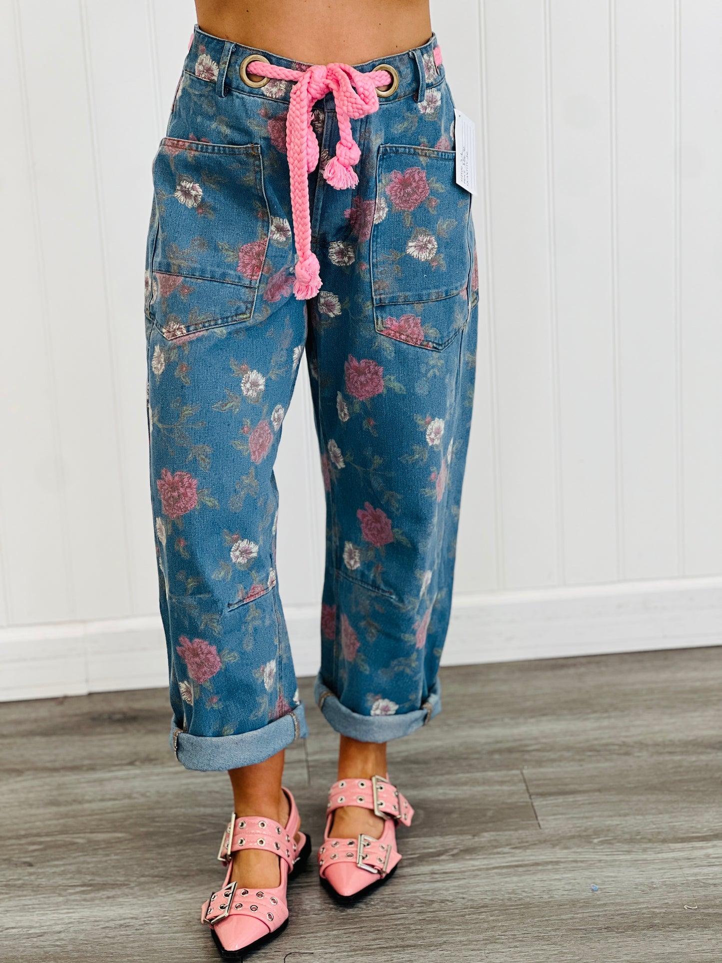 Light Denim Rose Print Drawstring Barrel Pants (Reg.)