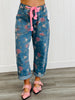 Light Denim Rose Print Drawstring Barrel Pants (Reg.)