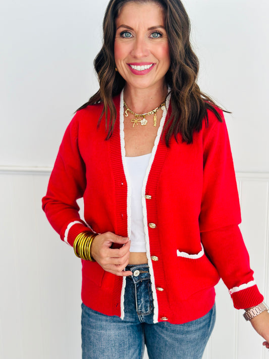 Red Scalloped Trim V-Neck Cardigan (Reg.)