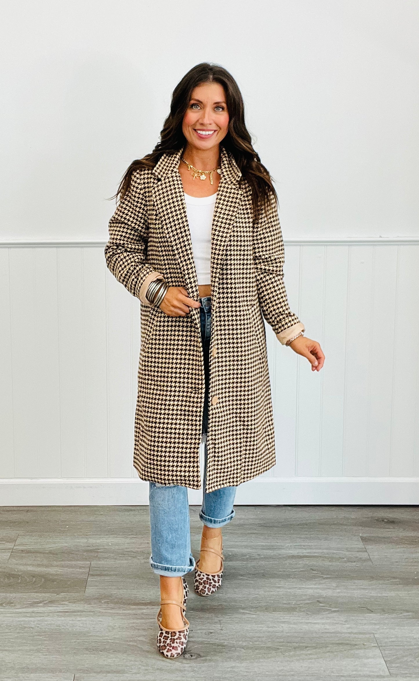 Brown Houndstooth Trench Coat (Reg & Plus)