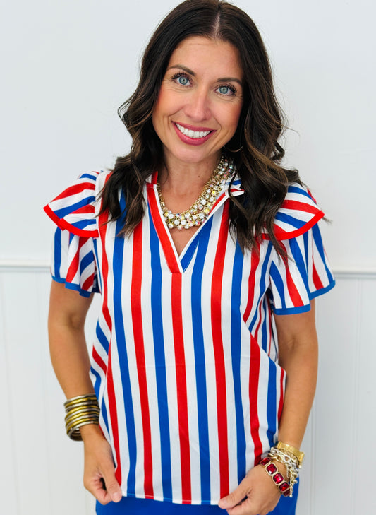 Kennedy Flutter Sleeve Patriotic Blouse (Reg & Plus)