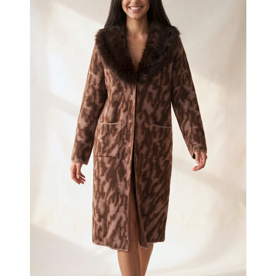 Brown Faux Fur Collar Leopard Cardigan (Reg.)