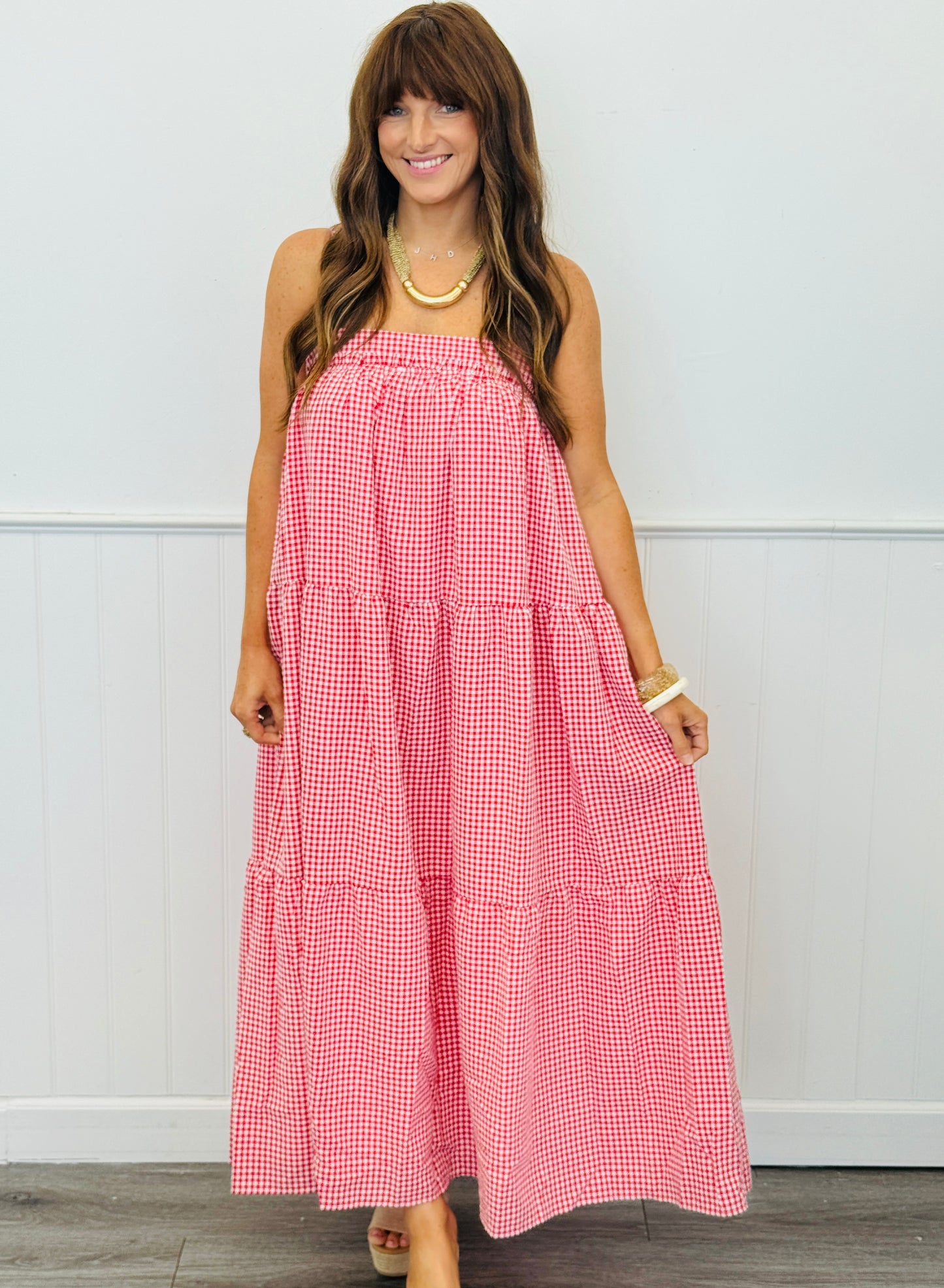 Red/Navy Bow Tie Gingham Tiered Maxi Dress (Reg.)