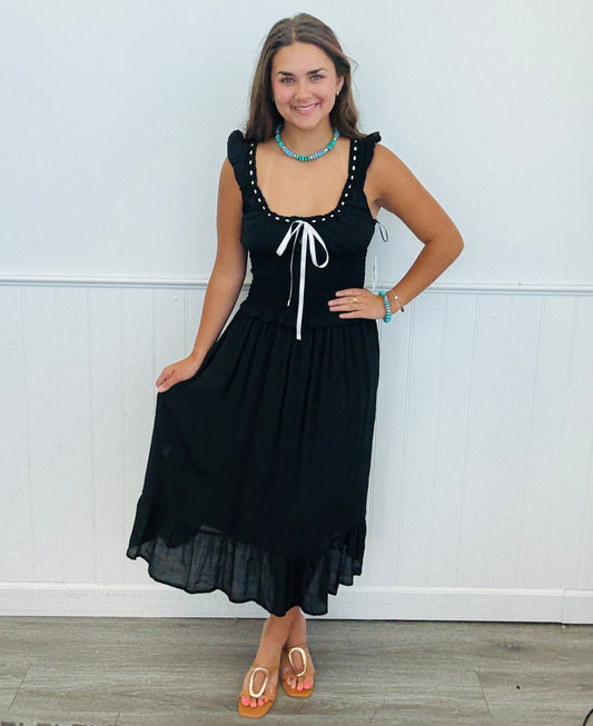 Black Ribbon Trim Ruffled Midi Dress (Reg.)