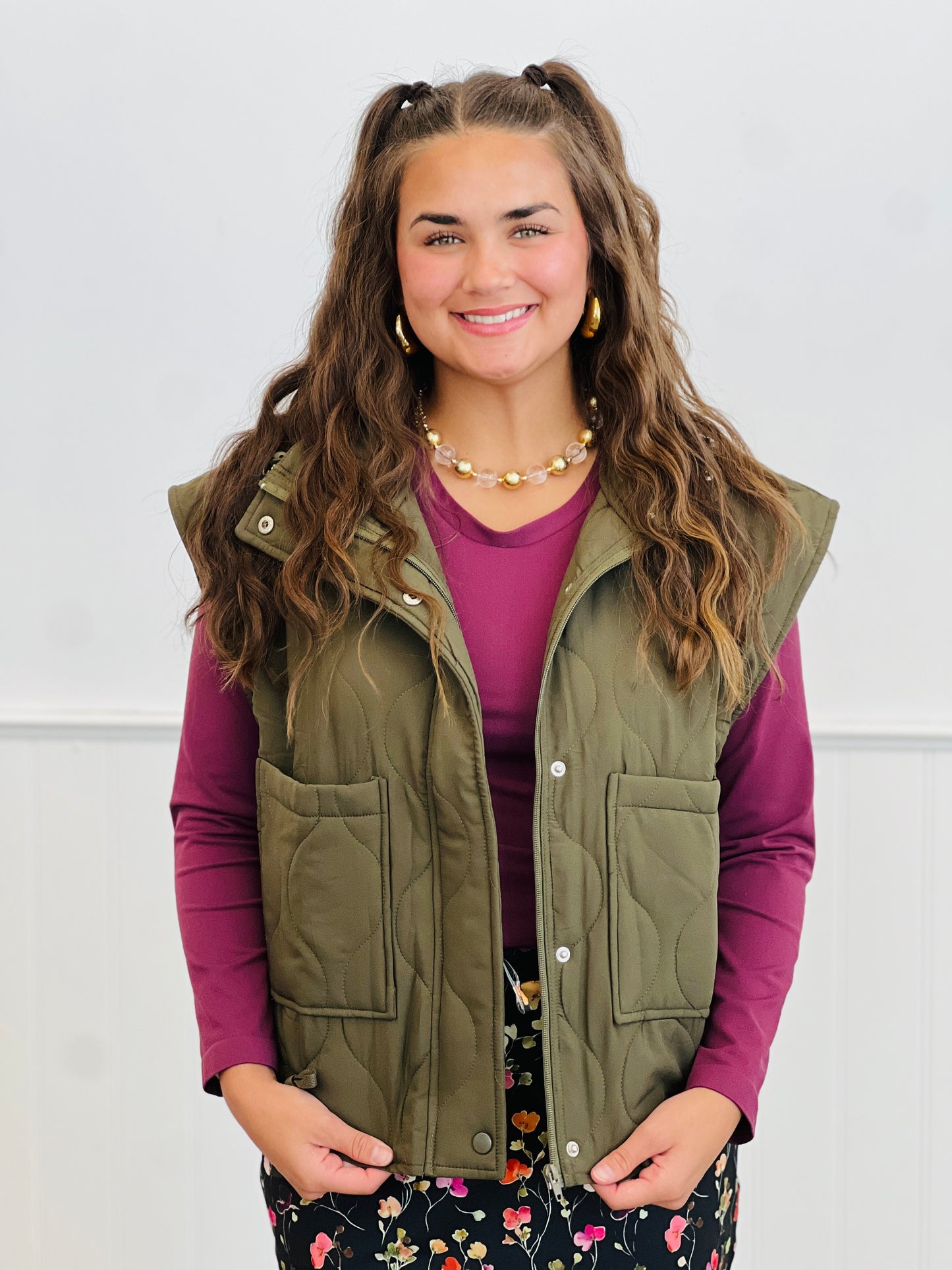 Quilted Zip & Snap Padded Vest (Reg.)-2 Colors