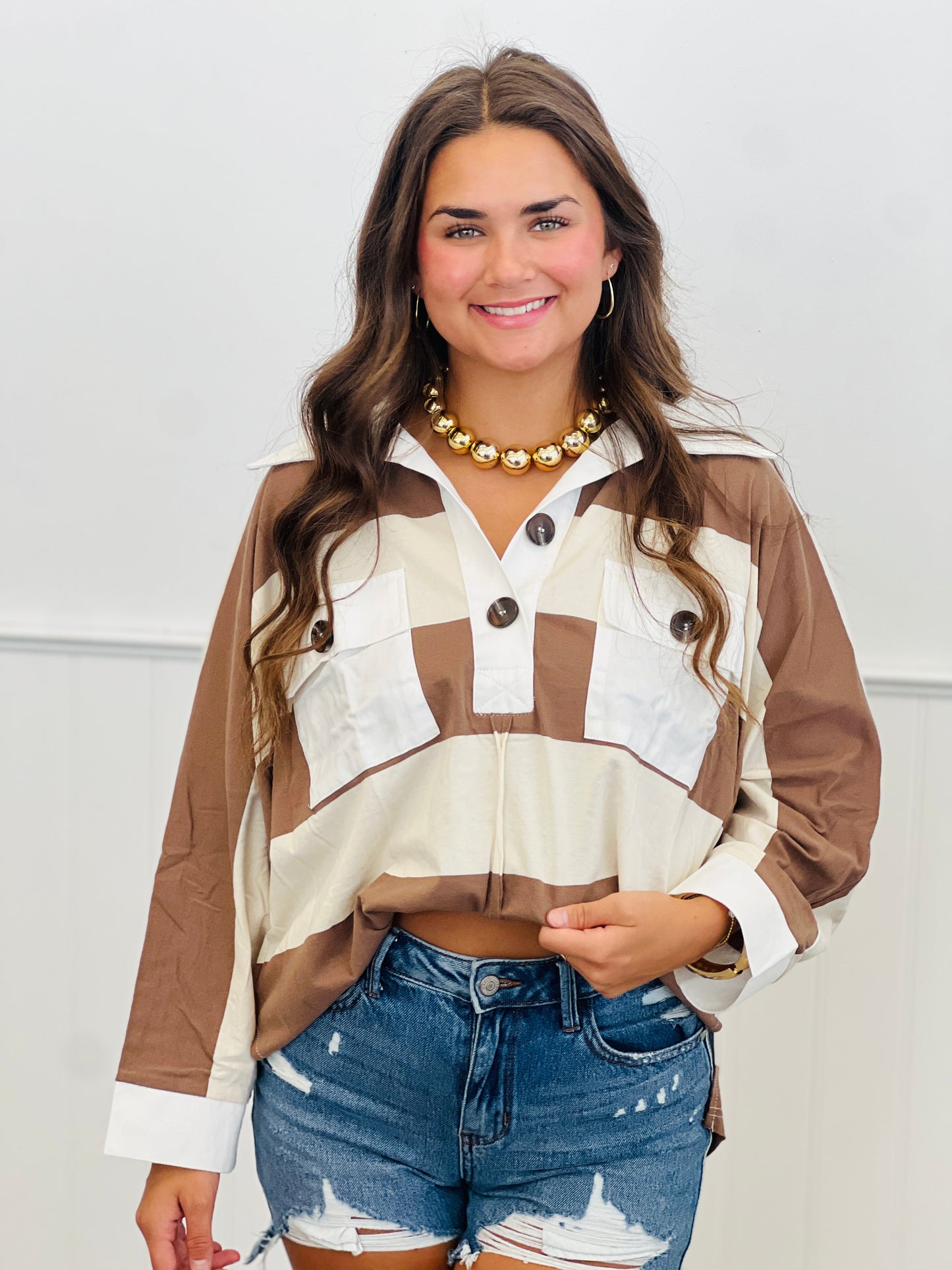 Oversized Striped Raw Edge Top (Reg.)-2 Colors