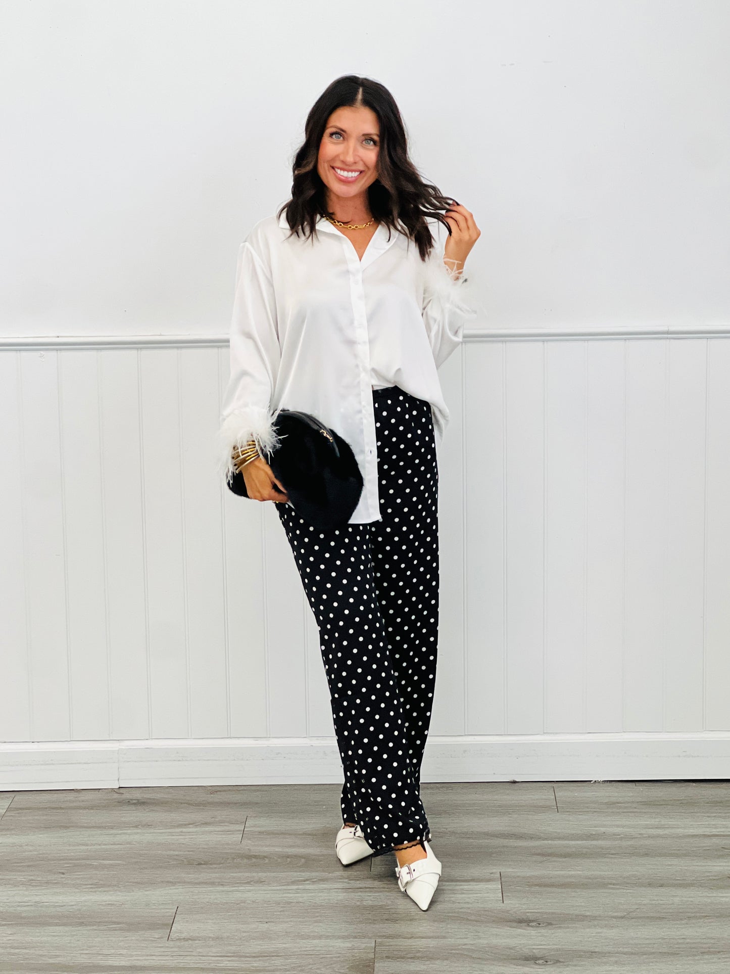 Satin Button Down Feather Sleeves Blouse (Reg.) - 2 Colors