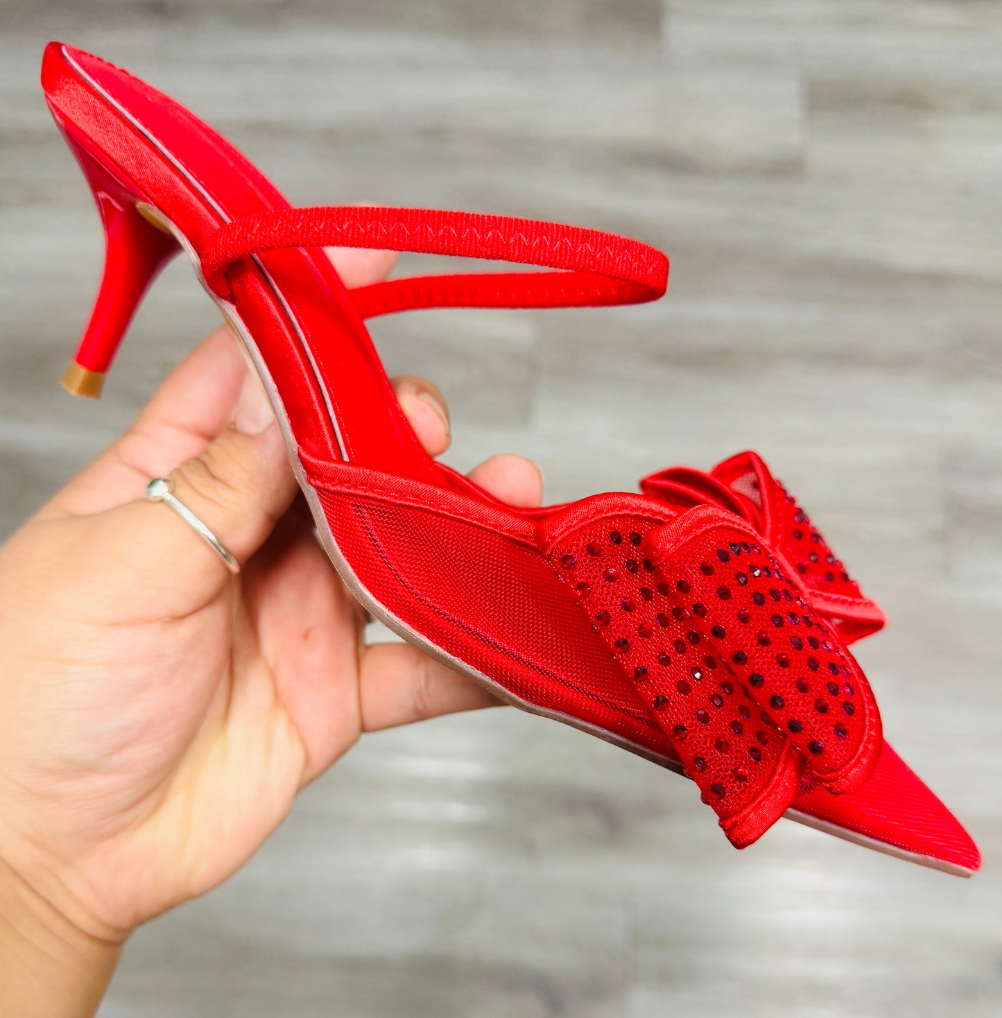 Red Bow Down Rhinestone Slingback Heels
