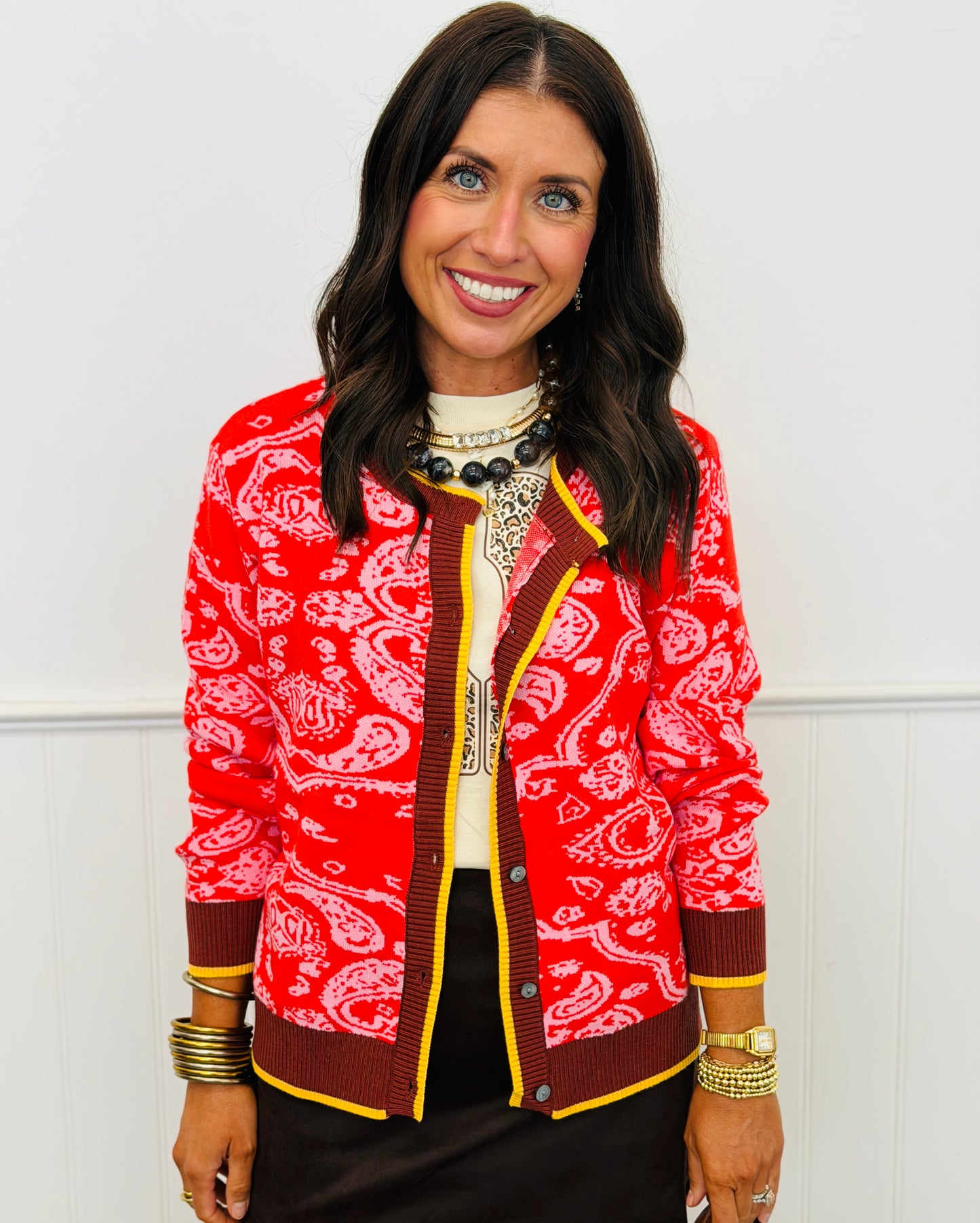 Poppy Red Paisley Knit Sweater Cardigan (Reg.)