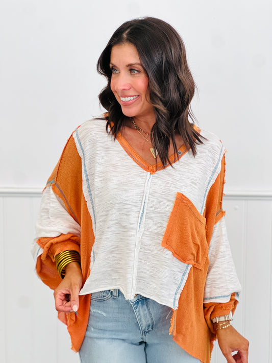 POL Ivory/Orange Color Block Balloon Sleeve Top (Reg.)
