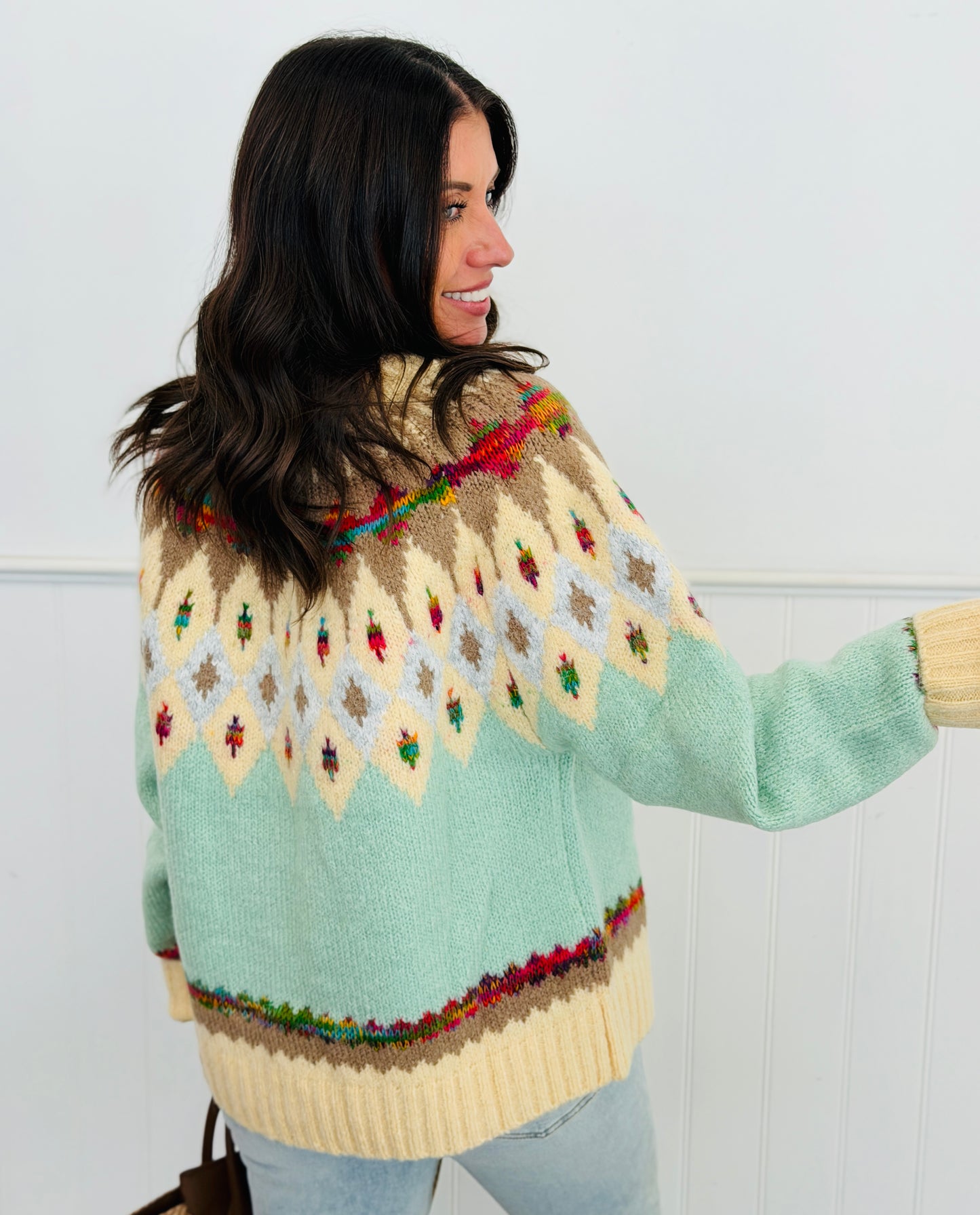 Light Blue/Cream Fair Isle Yoke Sweater Top (Reg & Plus)