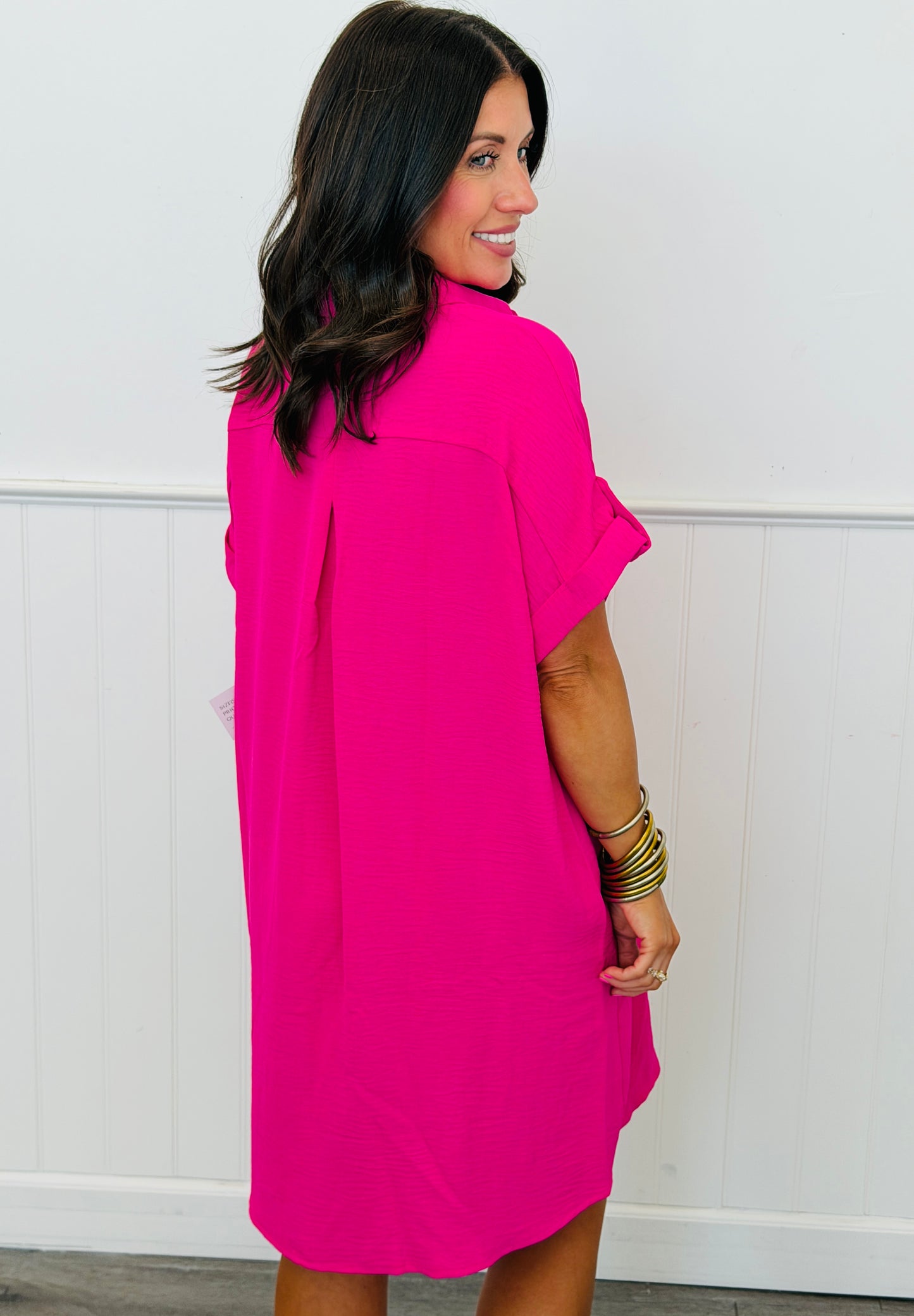 Hot Pink Short Sleeve Shirt Dress (Reg & Plus)
