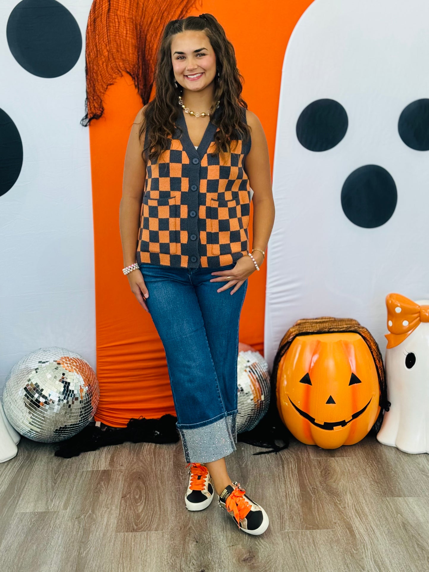 Tangerine/Charcoal Checkered V-Neck Sweater Vest (Reg & Plus)