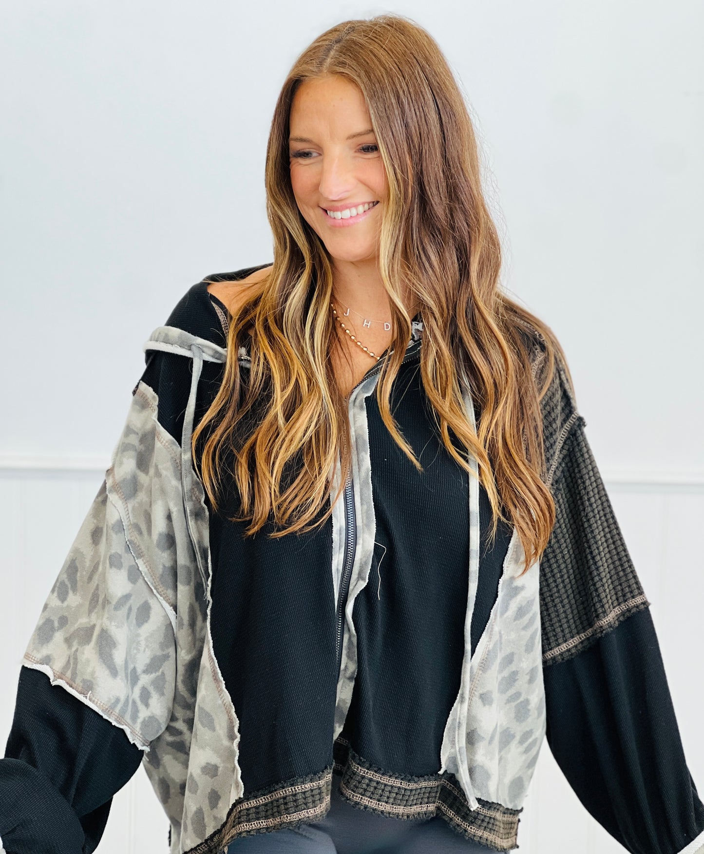 POL Black Contrast Print Zip Up Hoodie Top (Reg.)