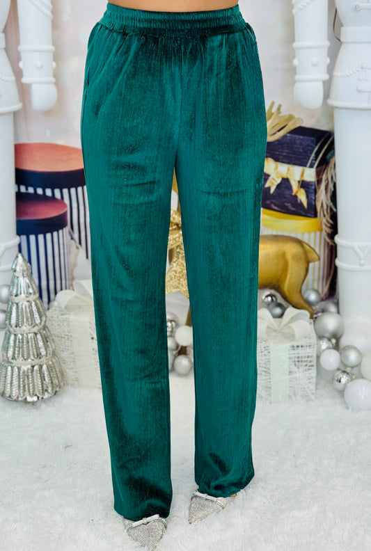 Green Sparkle Velvet Straight Leg Pants (Reg. and Plus)