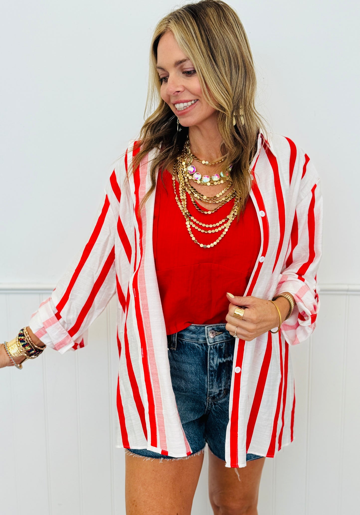 Red Striped Button Up Top (One Size)