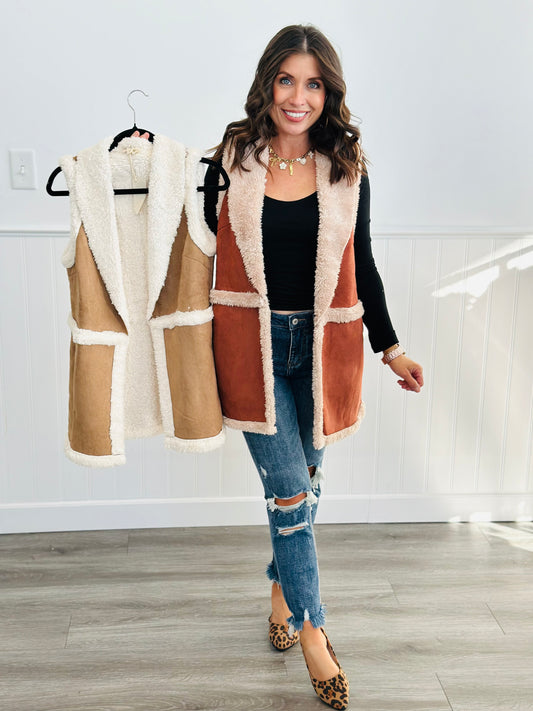 Faux Suede Sherpa Lined Sleeveless Cardigan (Reg.) - 2 Colors