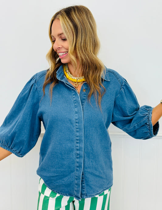 Denim Hidden Button Up Blouse (Reg)