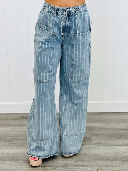 Washed Striped Denim Cargo Pants (Reg & Plus)