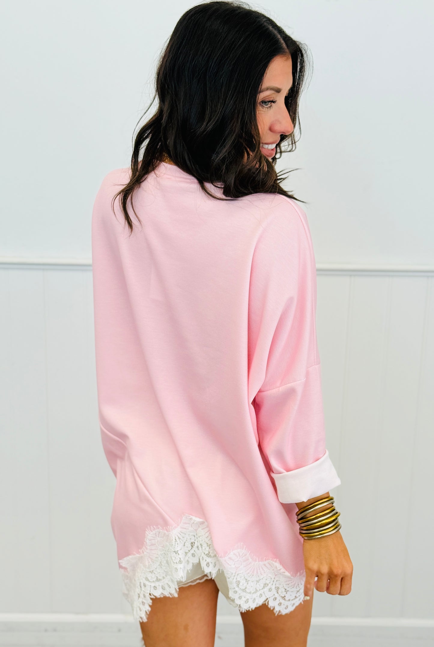 Pink Lace Asymmetrical Hem Blouse (One Size)