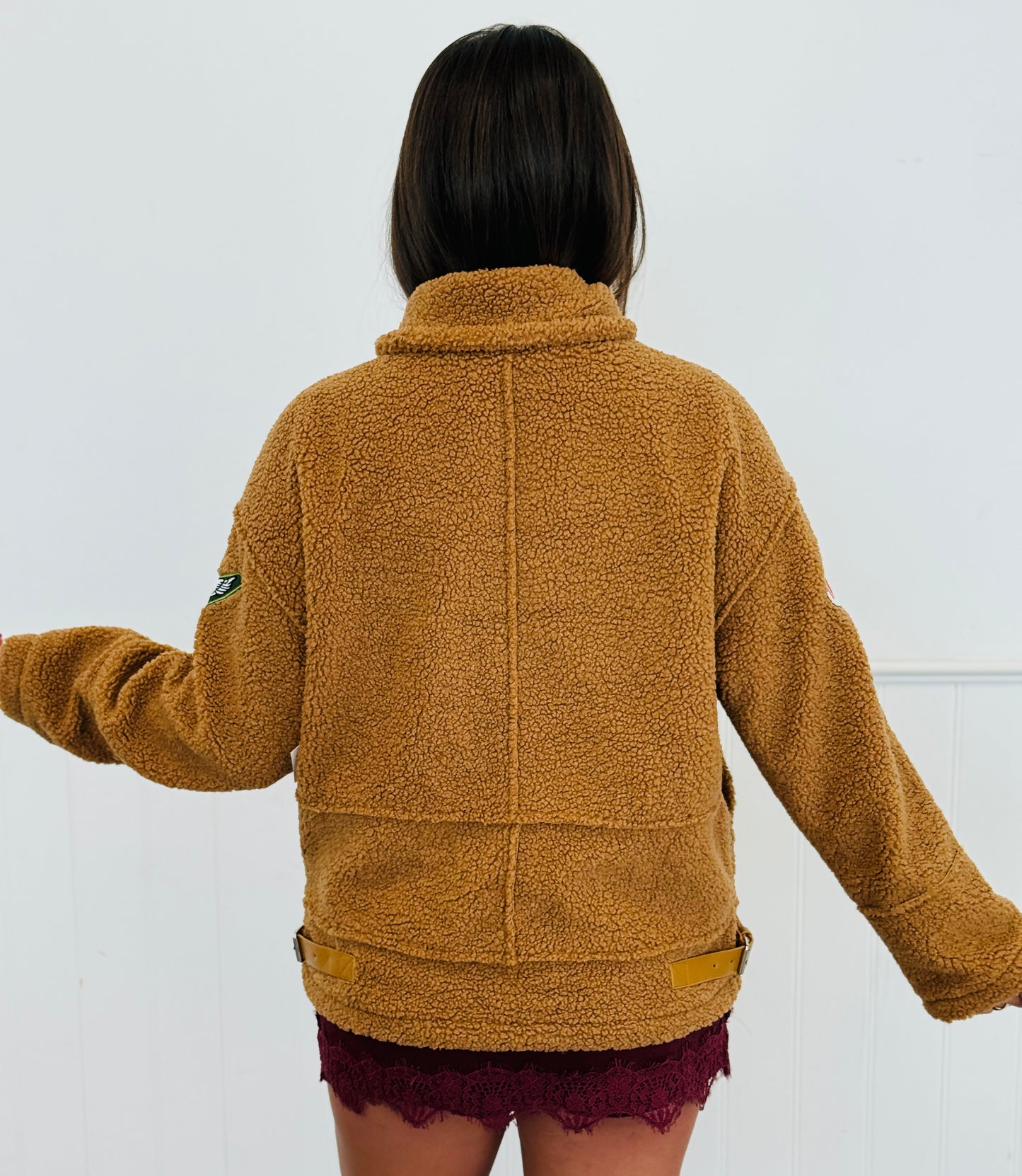 Taupe Camp Patch Sherpa Zip Up Jacket (Reg & Plus)