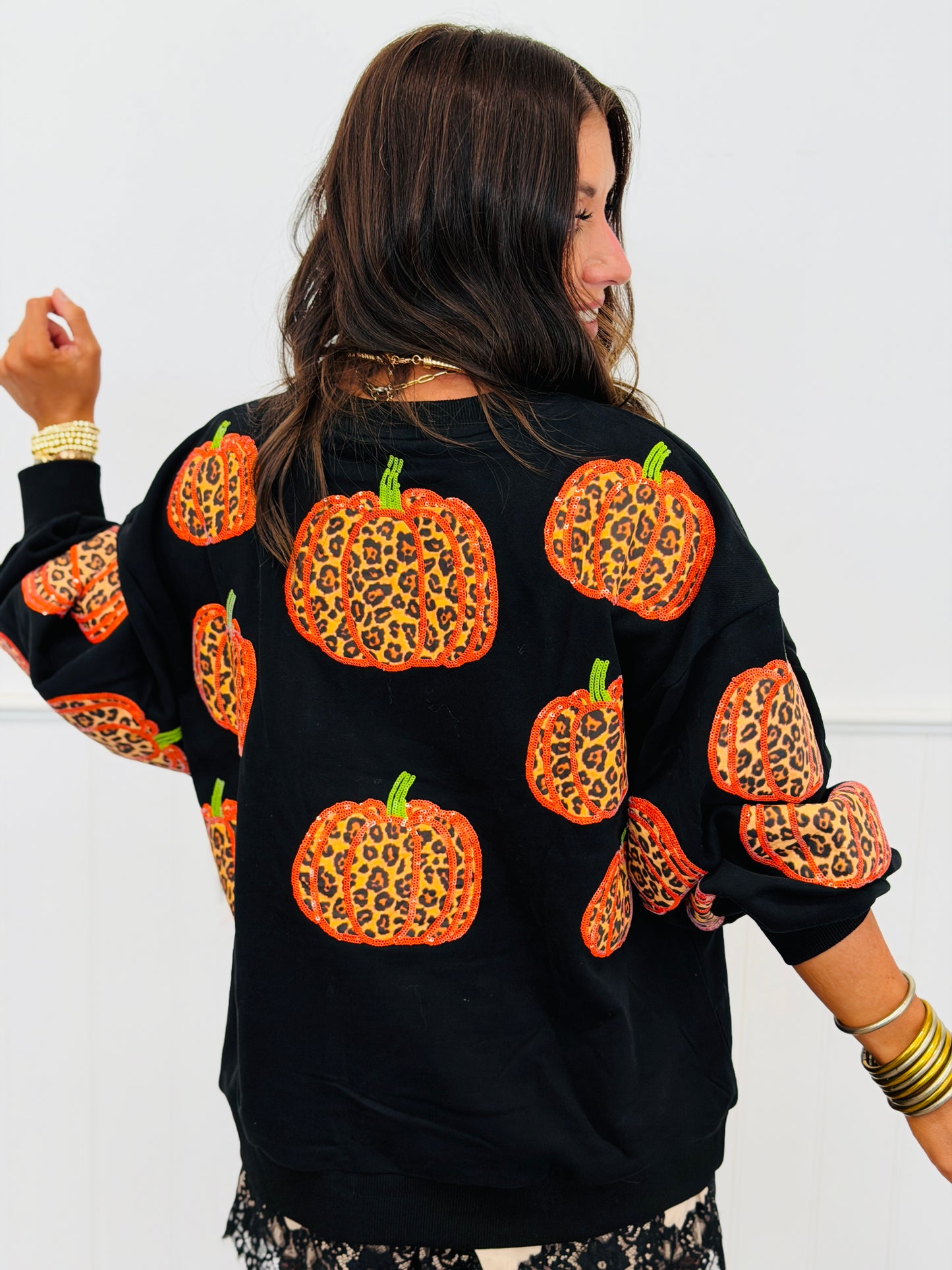 Queen Of Sparkles Black Leopard Pumpkin Sweatshirt (Reg. and Plus)