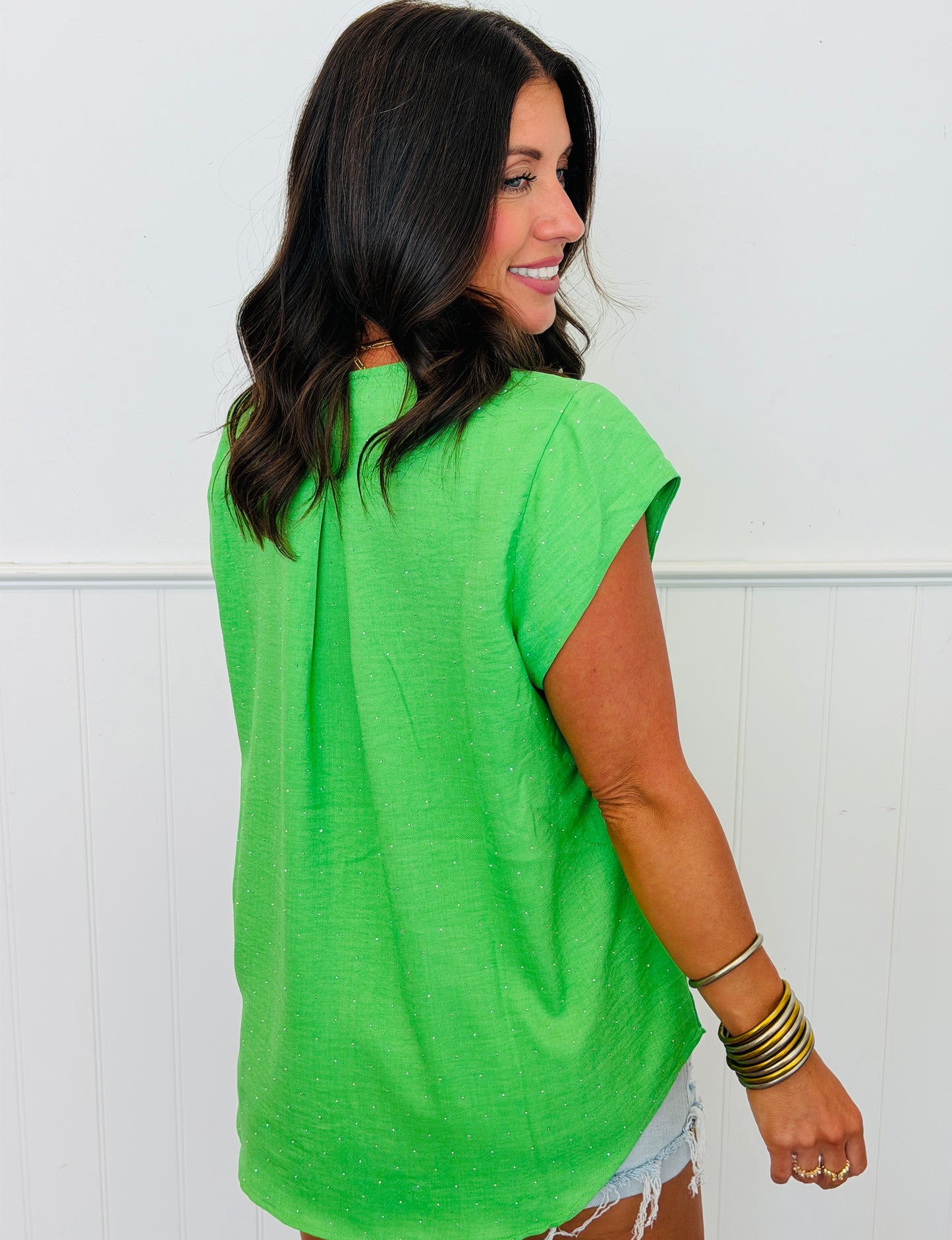 Lt Green Rhinestone V-Neck Cap Sleeve Blouse (Reg. & Plus)