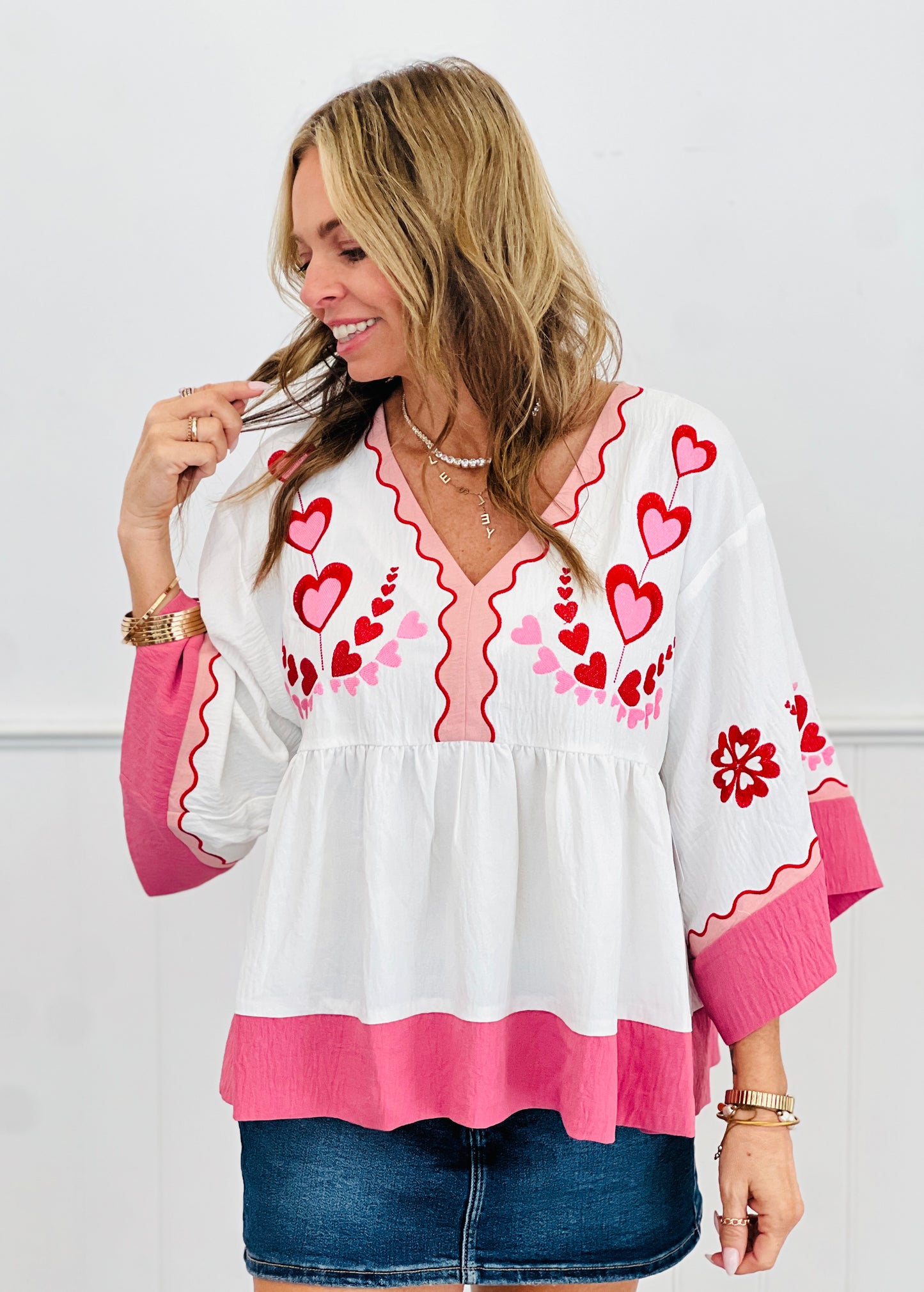 Heart Embroidered Scalloped Babydoll Top (Reg. and Plus) - 2 Colors