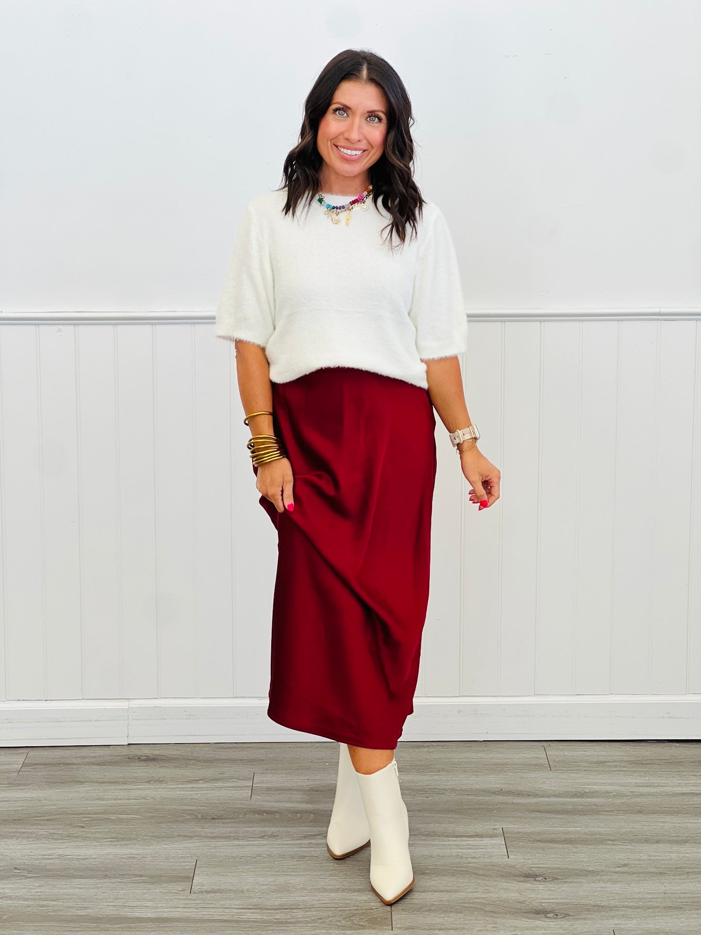 Burgundy Satin Side Zipper Midi Skirt (Reg & Plus)