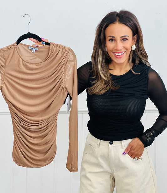 Sheerly Ruched Long Sleeve Top (Reg & Plus)-2 Colors